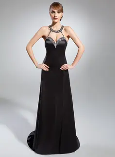 Tubo Coração Cauda corte Charmeuse Vestido de festa com Bordado (017024363)