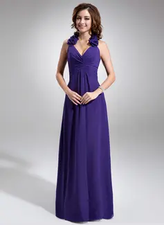 A-Line/Princess Halter Floor-Length Chiffon Bridesmaid Dress With Ruffle Flower(s) (007016740)