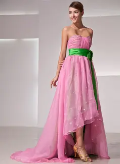 Empire Sweetheart Asymmetrical Organza Charmeuse Holiday Dress With Ruffle Flower(s) (020014419)