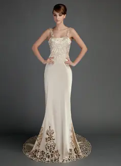 Sheath/Column Chapel Train Charmeuse Wedding Dress With Lace (002015727)