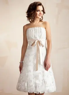 A-Line/Princess Scalloped Neck Knee-Length Satin Lace Wedding Dress With Ruffle Sashes (002011527)