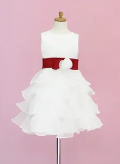 A-Line/Princess Scoop Neck Knee-Length Organza Satin Flower Girl Dress With Sash Flower(s) (010005330)