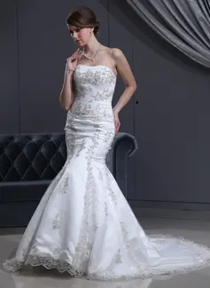 Mermaid Sweetheart Court Train Satin Tulle Wedding Dress With Lace Beadwork (002000301)