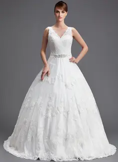 Ball-Gown V-neck Chapel Train Satin Lace Wedding Dress With Beadwork Sequins (002004754)