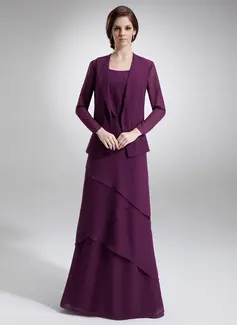 Sheath Scoop Neck Floor-Length Chiffon Mother of the Bride Dress With Beading (008006140)