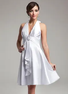 Empire Halter Knee-Length Charmeuse Bridesmaid Dress With Ruffle Crystal Brooch (007021071)