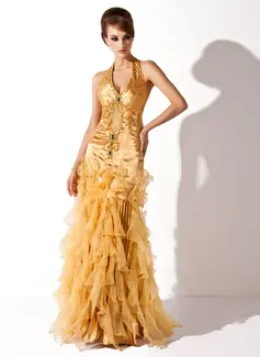 Corte sirena Escote halter Hasta el suelo Organza  Charmeuse Vestidos de baile de promoción con Volantes  Bordoneado (018005067)