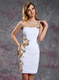 Sheath One-Shoulder Knee-Length Chiffon Homecoming Dress With Ruffle Beading Appliques Sequins (022010556)