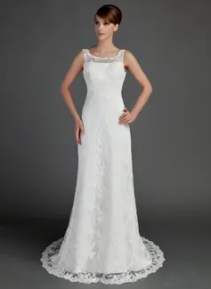 A-Line/Princess Scoop Neck Court Train Satin Lace Wedding Dress (002015709)