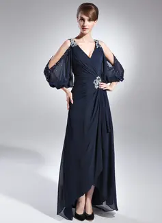 A-Line/Princess V-neck Asymmetrical Chiffon Mother of the Bride Dress With Ruffle Beading (008005761)