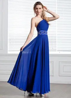 A-linje One-Shoulder Gulvlang Chiffon Aftenkjole med Flæsekanter Perlebesat (017004344)