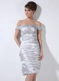 Sheath Off-the-Shoulder Knee-Length Charmeuse Cocktail Dress With Ruffle Lace Beading (016008476)