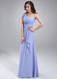 Vestidos princesa/ Formato A Um ombro Vestidos longo Chiffon Vestido de madrinha com Pregueado (007018787)