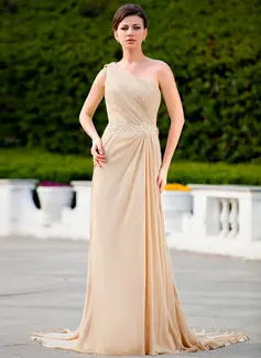 A-Lijn/Prinses Een-Schouder Lange Sleep Chiffon Moeder van de Bruid Jurk met Roes Kant Beading (008024586)