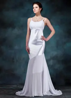 Sheath/Column Scoop Neck Sweep Train Chiffon Charmeuse Wedding Dress With Ruffle (002012670)