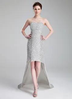 Tubo Coração Assimétrico Tecido de seda Vestidos de baile com Bordado (018019153)