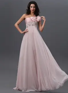 Império Um ombro Vestidos longo Tecido de seda Vestidos de baile com Pregueado Renda Bordado (018022744)