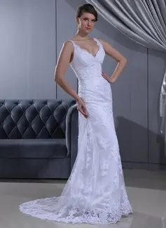 Sheath/Column V-neck Sweep Train Satin Lace Wedding Dress With Ruffle Beadwork (002011630)