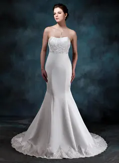 Empire-Linie Herzausschnitt Hof-Schleppe Satin Brautkleid mit Rüschen Spitzen Perlen verziert (002001161)
