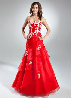 A-Line/Princess Strapless Floor-Length Organza Prom Dress With Embroidered Ruffle (018015528)