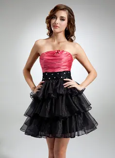 A-Line/Princess Strapless Short/Mini Organza Satin Cocktail Dress With Ruffle Beading (016016369)
