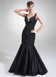 Mermaid V-neck Floor-Length Chiffon Evening Dress With Ruffle Crystal Brooch (017025922)