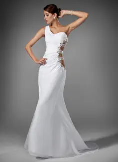 Mermaid One-Shoulder Sweep Train Chiffon Evening Dress With Ruffle Beading (017004345)