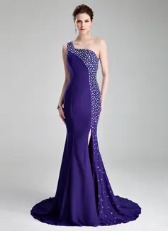 Mermaid One-Shoulder Court Train Chiffon Prom Dress With Beading (018019007)