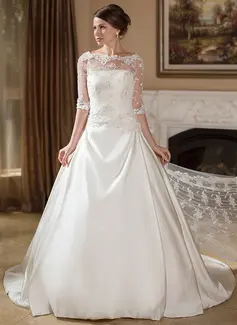 A-Line/Princess Strapless Court Train Satin Wedding Dress With Ruffle (002004756)