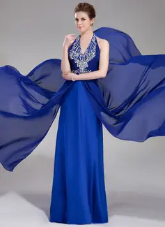 A-Line/Princess Halter Floor-Length Chiffon Prom Dress With Beading (018018890)