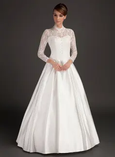 A-Line/Princess High Neck Floor-Length Satin Lace Wedding Dress (002015488)