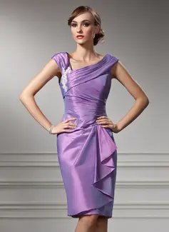 Linjeform Off-the-Shoulder Knelengde Taft Kjole til brudens mor med Frynse Appliques (008005949)