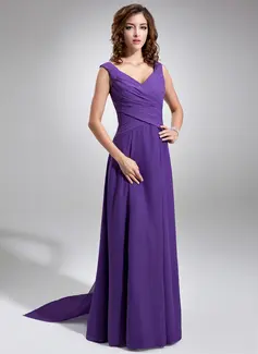 Vestidos princesa/ Formato A Decote V Cauda watteau Chifon Vestido de madrinha com Pregueado (007001484)