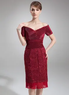 Sheath Off-the-Shoulder Knee-Length Chiffon Charmeuse Lace Mother of the Bride Dress With Ruffle (008006066)