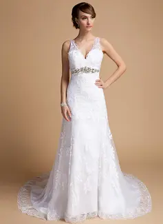A-Line/Princess V-neck Cathedral Train Satin Tulle Wedding Dress With Lace Beadwork (002014709)