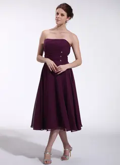 Empire Strapless Tea-Length Chiffon Bridesmaid Dress With Ruffle Beading (007026270)