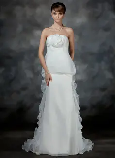 Empire-Linie Trägerlos Hof-Schleppe Organza Satin Brautkleid mit Rüschen Blumen (002017179)