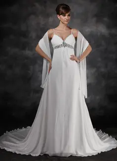 Empire V-neck Chapel Train Chiffon Wedding Dress With Ruffle Beadwork Sequins (002012125)