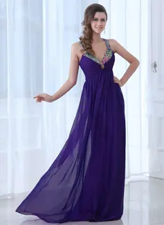 A-Line/Princess V-neck Floor-Length Chiffon Evening Dress With Ruffle Beading (017017396)