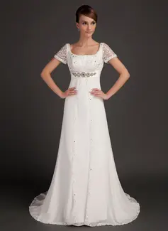 A-Line/Princess Scoop Neck Court Train Chiffon Satin Wedding Dress With Lace Beadwork (002015553)