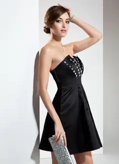 A-Line/Princess Scalloped Neck Short/Mini Satin Cocktail Dress With Ruffle Beading (016008657)