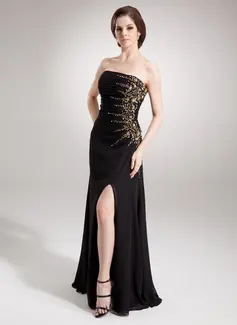Tubo Sem alça Vestidos longo Tecido de seda Vestidos de festa com Pregueado Bordado (017016336)