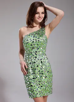 Sheath One-Shoulder Short/Mini Charmeuse Prom Dress With Beading Sequins (018019182)