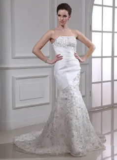 Mermaid Strapless Sweep Train Organza Satin Wedding Dress With Embroidery Beadwork Sequins (002000338)