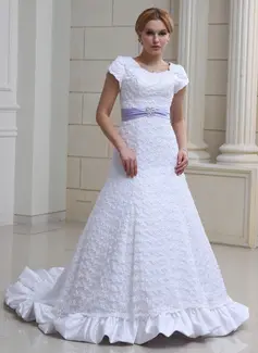 A-Line/Princess Scoop Neck Chapel Train Satin Lace Wedding Dress With Ruffle Sashes Beadwork (002000230)