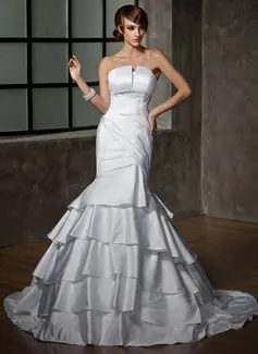 Mermaid Scalloped Neck Court Train Satin Wedding Dress With Ruffle Beadwork (002012158)