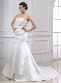Mermaid Scalloped Neck Chapel Train Satin Wedding Dress With Embroidery Beadwork (002000079)