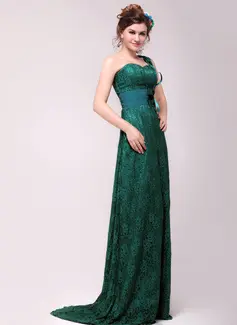 A-Line/Princess One-Shoulder Sweep Train Chiffon Charmeuse Lace Evening Dress With Beading (017014017)