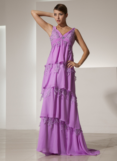 A-Line/Princess V-neck Sweep Train Chiffon Lace Evening Dress With Ruffle Beading (020014458)