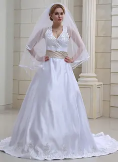 A-Line/Princess Halter Chapel Train Satin Wedding Dress With Embroidery Sashes Beadwork (002000039)